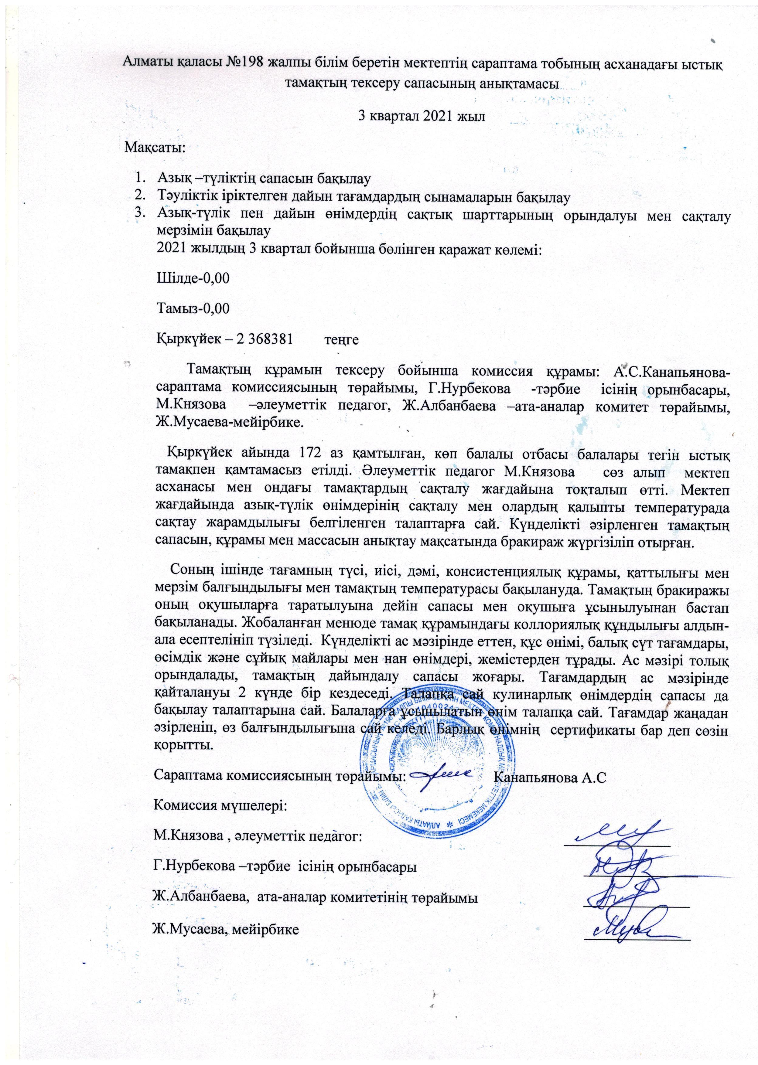 Асханадағы ыстық тамақтың текеру сапасының анықтамасы 3 квартал 2021