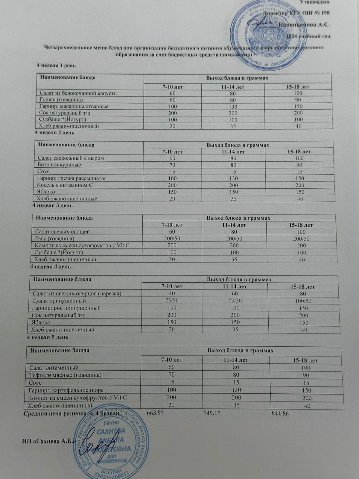 4 апталық тегін тамақтанудың ас мәзірі қыс-көктем 2024 жыл