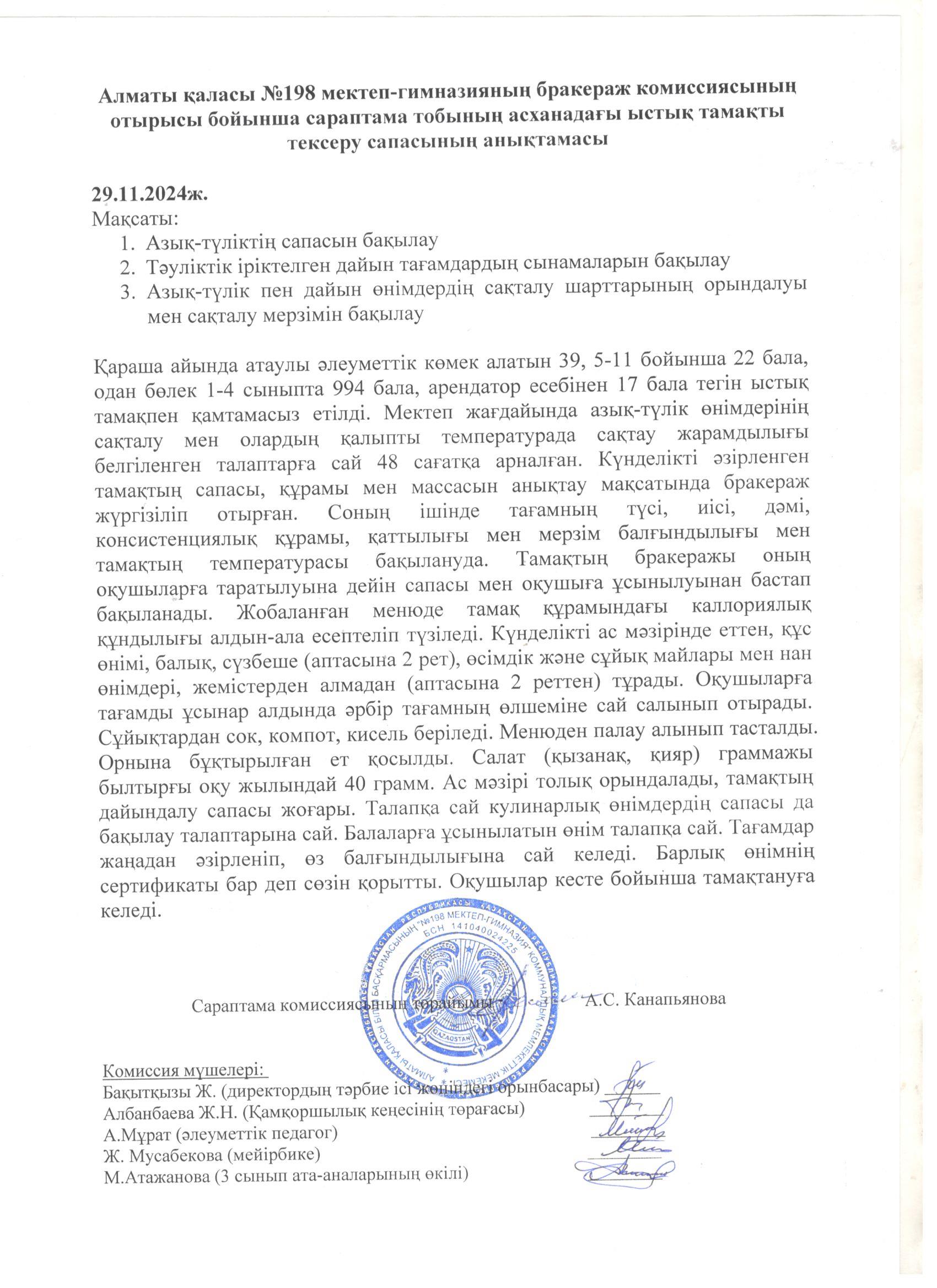 Ыстық тамақты тексеру сапасының анықтамасы, қараша айы 2024 ж