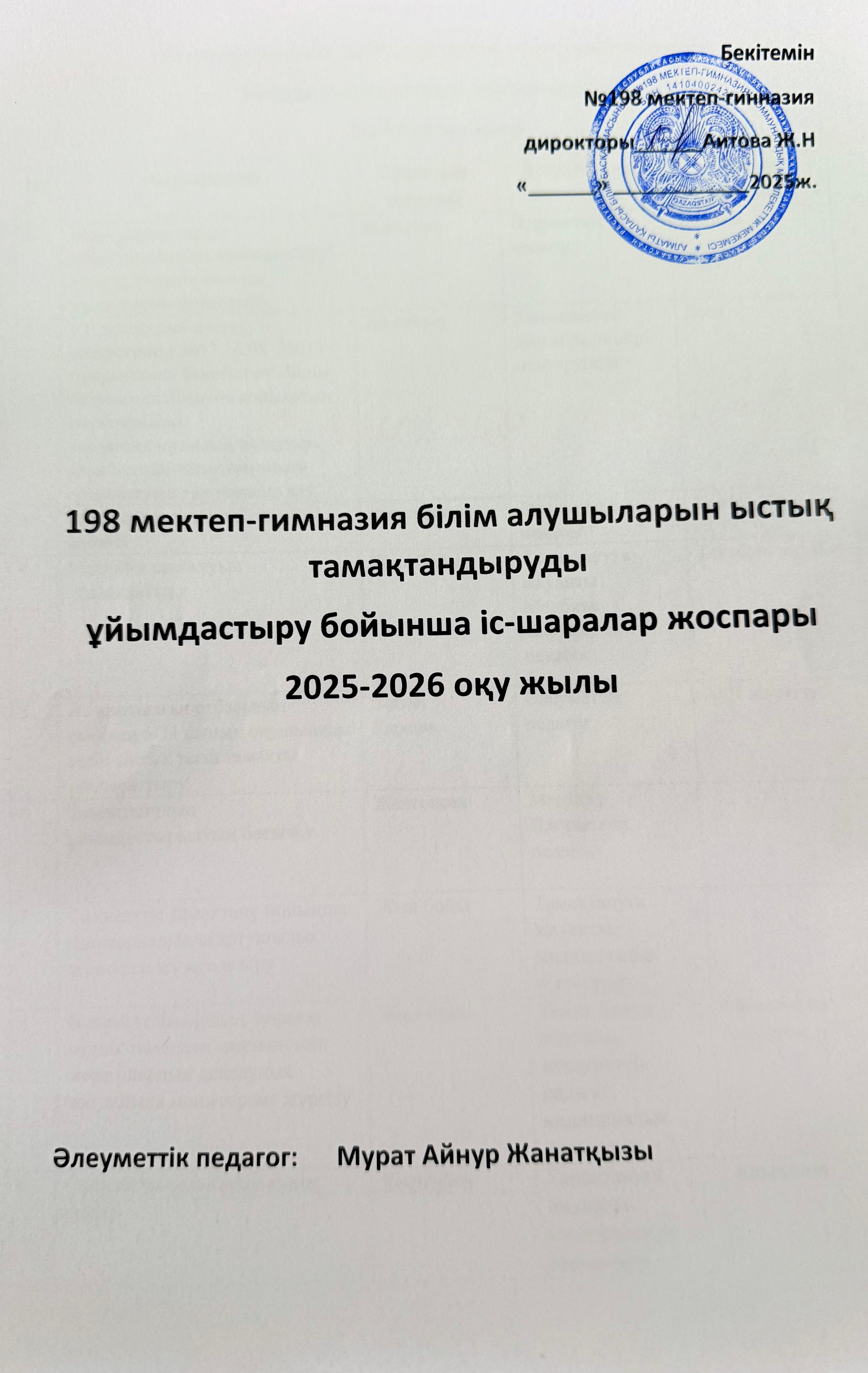 №198 МГ білім алушыларын ыстық тамақтандыруды ұйымдастыру бойынша іс шаралар жоспары 2025-2026 оқу жылы