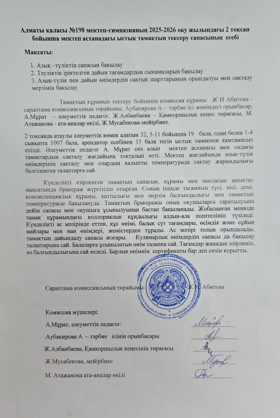 Ыстық тамақтың тексеру сапасының есебі 2-тоқсан